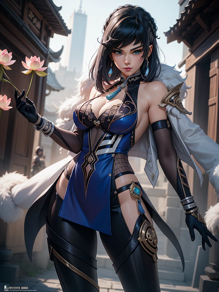 A sexy woman wearing a white and pink lotus lace armor skirt, Chengwei Pan on ArtStation, by Yang J, detailed fantasy art, awesome character art, Fanart Mejor ArtStation, epic exquisite character art, beautiful armor, Extremely detailed artgerm, Detailed digital anime art, Artgerm and ArtStation Pixiv, armor girl, cleavage big breasts:1.2, (mini skirt:1,5)
