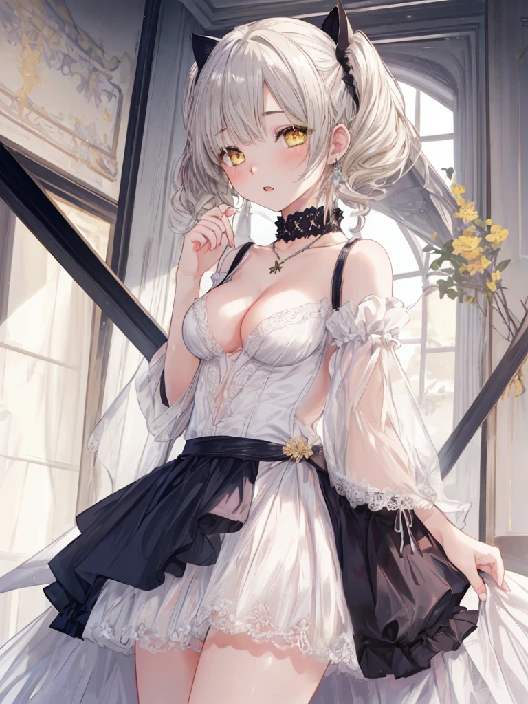 Highest quality 8K resolution,masterpiece, Exquisite detail, Realistic, Realistic, Exact finger count,Soft tones,Color Palette, Alone, (26 year old girl:1.6),(Small eyes,Yellow Eyes:1.5), (Short Hair,Twin tails:1.5), Shiny silver hair,Twin tails,Asymmetrical bangs,(No bra), (No sleeve:1.4),Beautiful proportions,Open your mouth,(Shiny white skin),(Detailed and sparkling eyes,Cat Eyes), (Big breasts,Cleavage:1.3), necklace,Earrings,accessories,Cowboy Shot, Are standing, indoor,Detailed clothing,7 lifespan,(low length),Sulky look