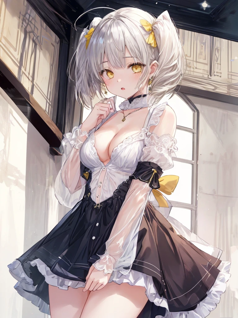 Highest quality 8K resolution,masterpiece, Exquisite detail, Realistic, Realistic, Exact finger count,Soft tones,Color Palette, Alone, (26 year old girl:1.6),(Small eyes,Yellow Eyes:1.5), (Short Hair,Twin tails:1.5), Shiny silver hair,Twin tails,Asymmetrical bangs,(No bra), (No sleeve:1.4),Beautiful proportions,Open your mouth,(Shiny white skin),(Detailed and sparkling eyes,Cat Eyes), (Big breasts,Cleavage:1.3), necklace,Earrings,accessories,Cowboy Shot, Are standing, indoor,Detailed clothing,7 lifespan,(low length),Sulky look
