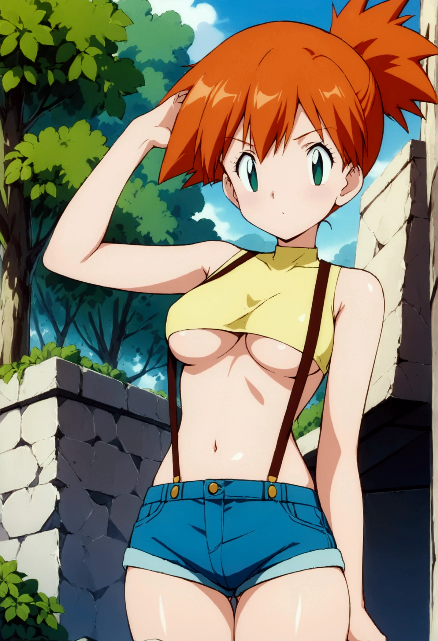 score_9,score_8_up, score_7_up,source_anime.superior, (Insect's Eye).,,,  (mature:1.2) ,1girl, Outdoor, Green Eyes, Orange Hair, , Yellow Shirt, Sleeveless shirt,belly button, Denim shorts, suspenders,  Captivating look,  (slender), delicate curves,under_boob,unity 8k wallpaper.extremely detailed CG, masterpiece,bestquality,(absurdres),contrapposto pose,,1990s_(style)
