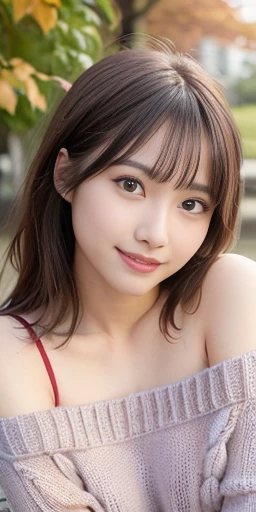 Tabletop, Highest quality, 
Very detailed, finely, High resolution, In 8K,
((Photorealistic:1.4, RAW Photos, 超High resolution,Best image quality: 1.4)),
wallpaper, 
((Perfect body composition 1.5)), 
Beautiful and beautiful eyes, Natural color lip,
((穏やかなsmile:1.5)),
((Random Cute Hairstyles)), 
((Quite large breasts:1.2)),
((from the front:1.5)),
((Use your brain、Under the eyes、Use your brain、Mole on arm:0.9)),
((Randomly blurred background)),((sunset)),((autumn leaves)),
((Random and cute expressions)),, 
Highly detailed and professional lighting、
Perfect dynamic composition, Beautiful and beautiful eyes,((Leaning forward)), ((Off-the-shoulder knit sweater:1.6)),((Micro Mini Skirt:1,5)),((smile,Harajuku)),((sexy shot looking at camera))