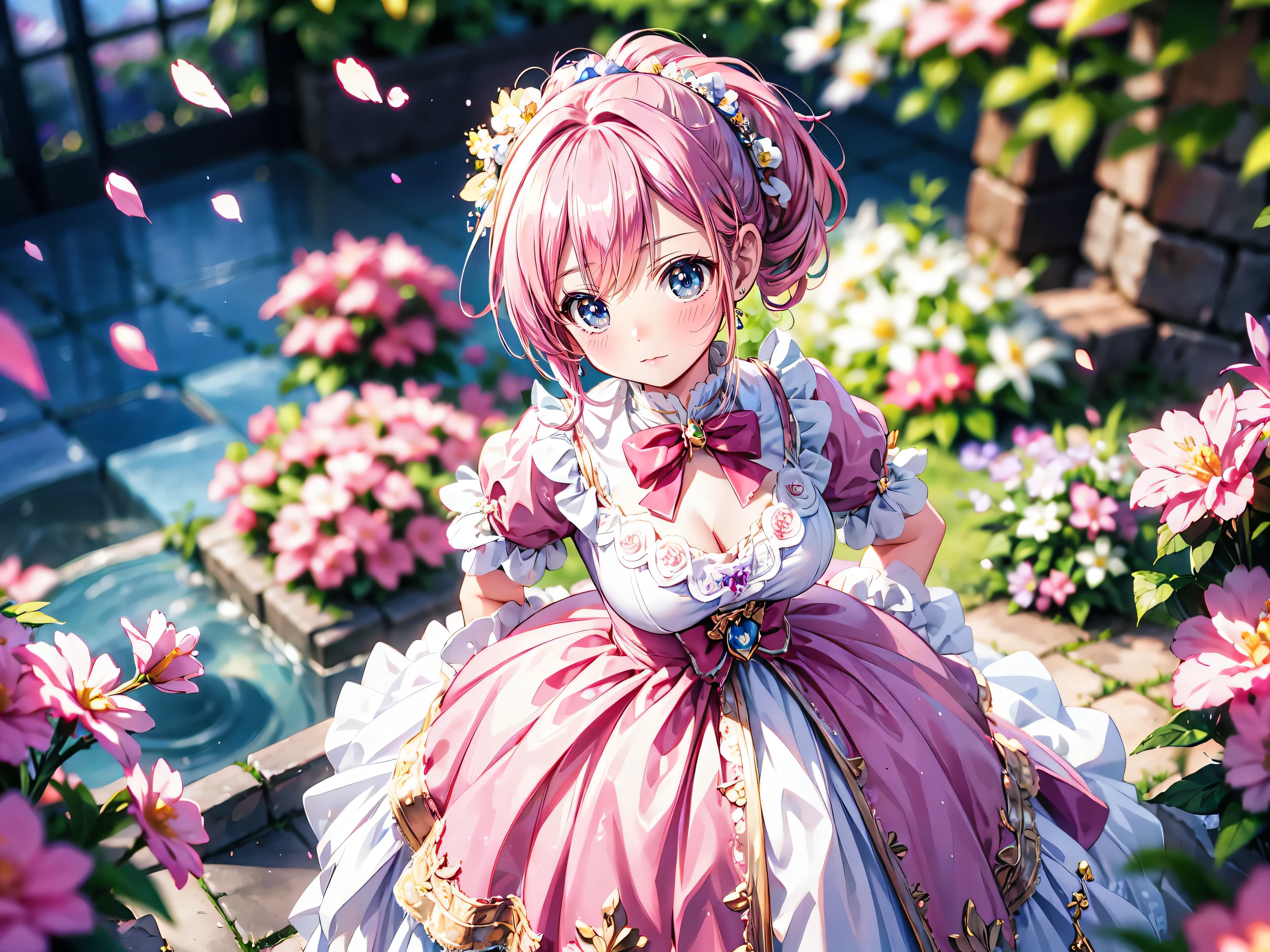 ((Masterpiece, ultra detailed, exquisite quality)), (anime moe art style:1.3), (((young face solo princess))), (((incredibly cute rococo victorian gown with long hems, voluminous princess style skirt, elaborate lace gown))), (huge breasts), breasts cleavage, ((hair pink hair)), ((fluffy long Expressive ponytail)), (leaning forward, looking up, from above, front view, facing at viewer:2), kawaii face, head tilt, shy smile, (face focus, eyes focus, blurry background, depth of field:2), (isometric 3D, octane render, ray tracing:1.5), backlighting, particle effect, (hyper detail delicate eyes, hyper beautiful eyes), (eyes blue eyes), (lot's of colorful flowers, sparkling glass classic greenhouse:1.5),