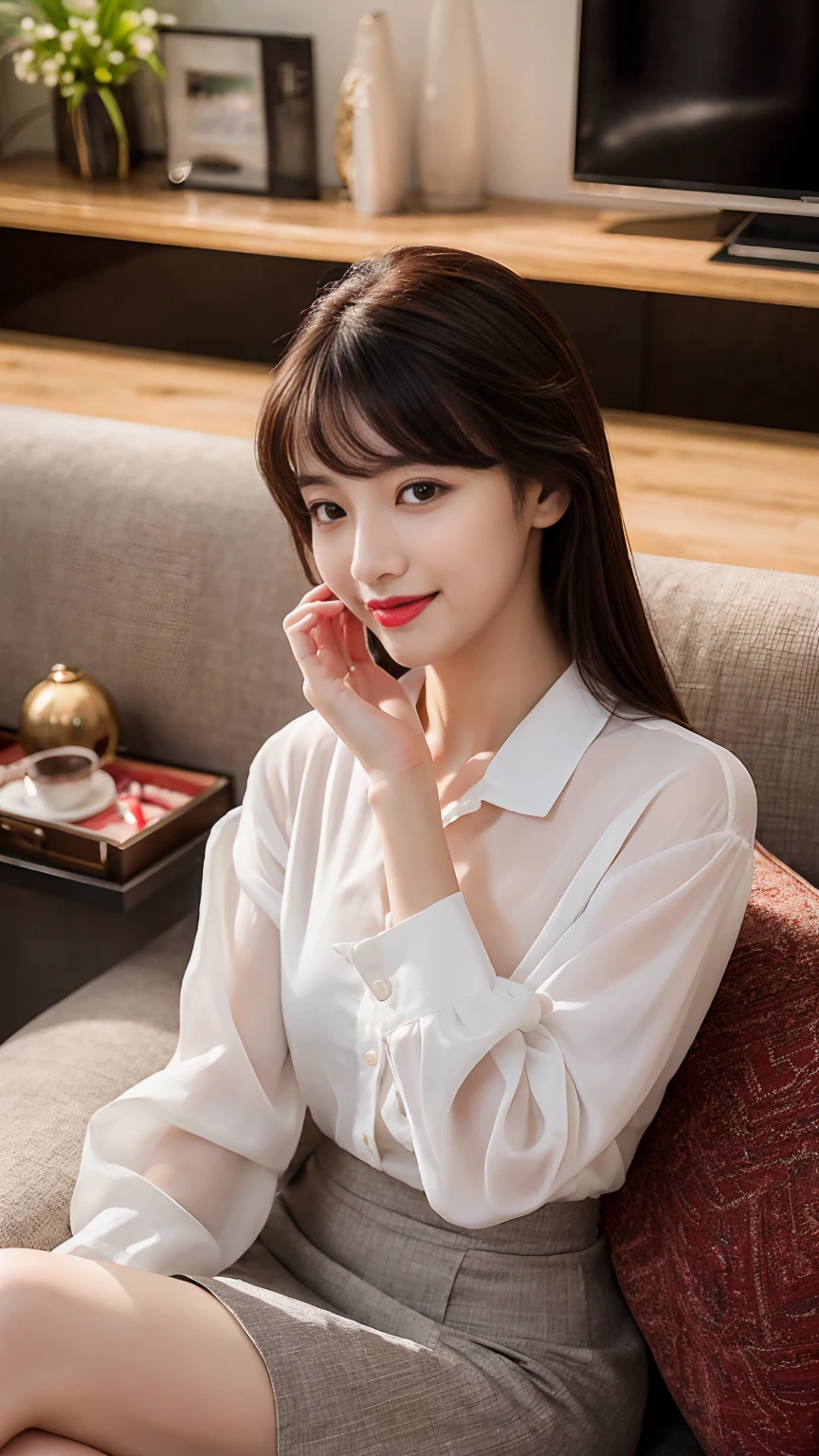 career woman、Heavy makeup、Bright red lips,masterpiece,best quality,ultra detailed,highres,high-resolution,4K,realistic,RAW photo,((real person)),portrait photography,photorealistic,detailed skin,(delicate black eyes ), A soothing woman with sagging eyes,Calm and calm, middle hair,skinny,clothing,The wind is blowing,tareme、Highest quality、Realistic characters、A reception room on the top floor of a high-rise building、secretary、Office lady suit、mini skirt、CHANELWind、Byheel、Beautiful legs、Sitting on the sofa、Panty shot、elegant、Perfect Makeup、Beautiful décolleté、Anatomically correct、eight-headed body、Beautiful posture、Japanese、nice smile、Bright red lips、The perfect dress shirt、Jacket