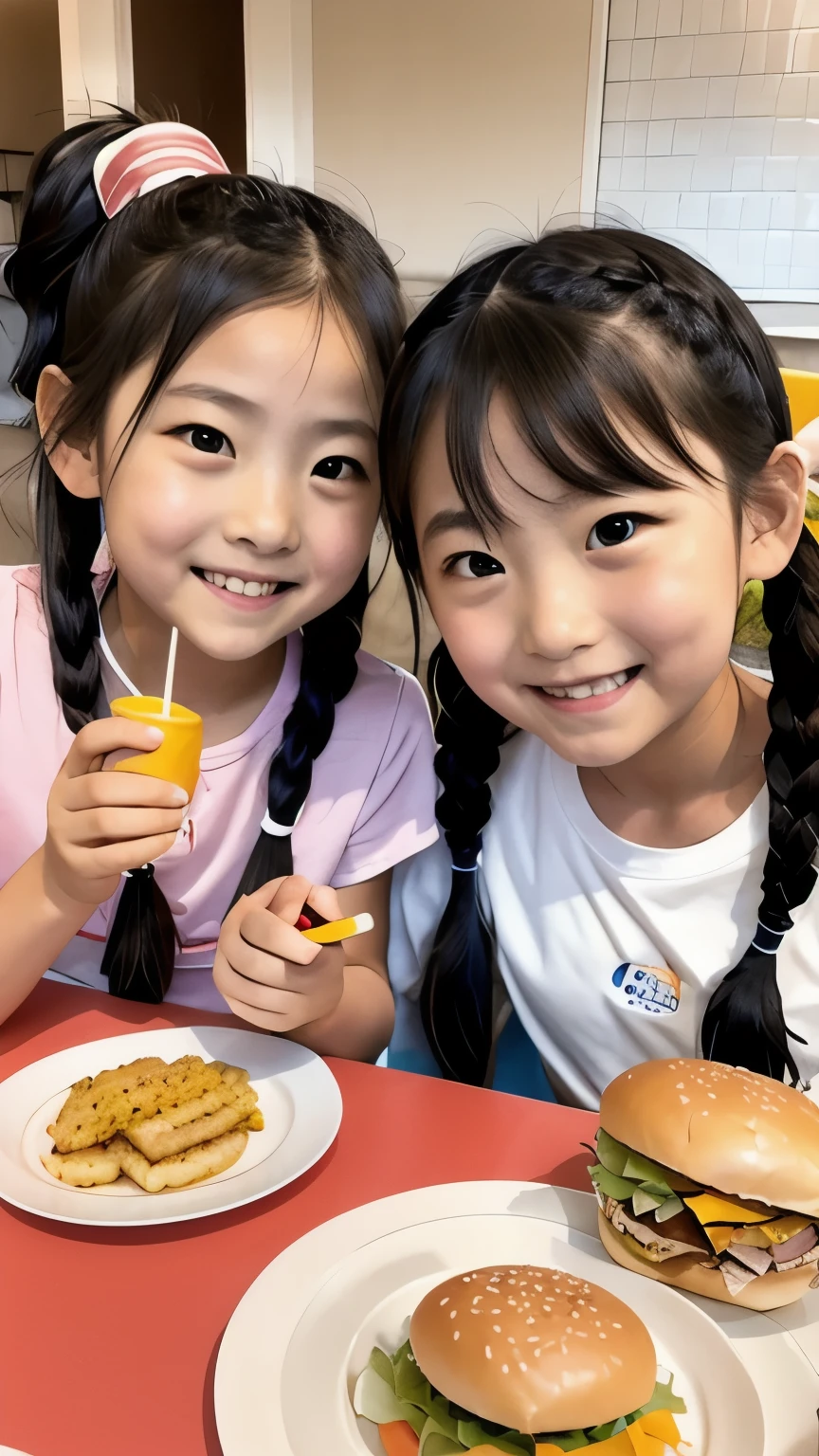 (masterpiece, Highest quality:1.2), girl, Two people、１０age、Casual clothing、They are eating hamburgers together