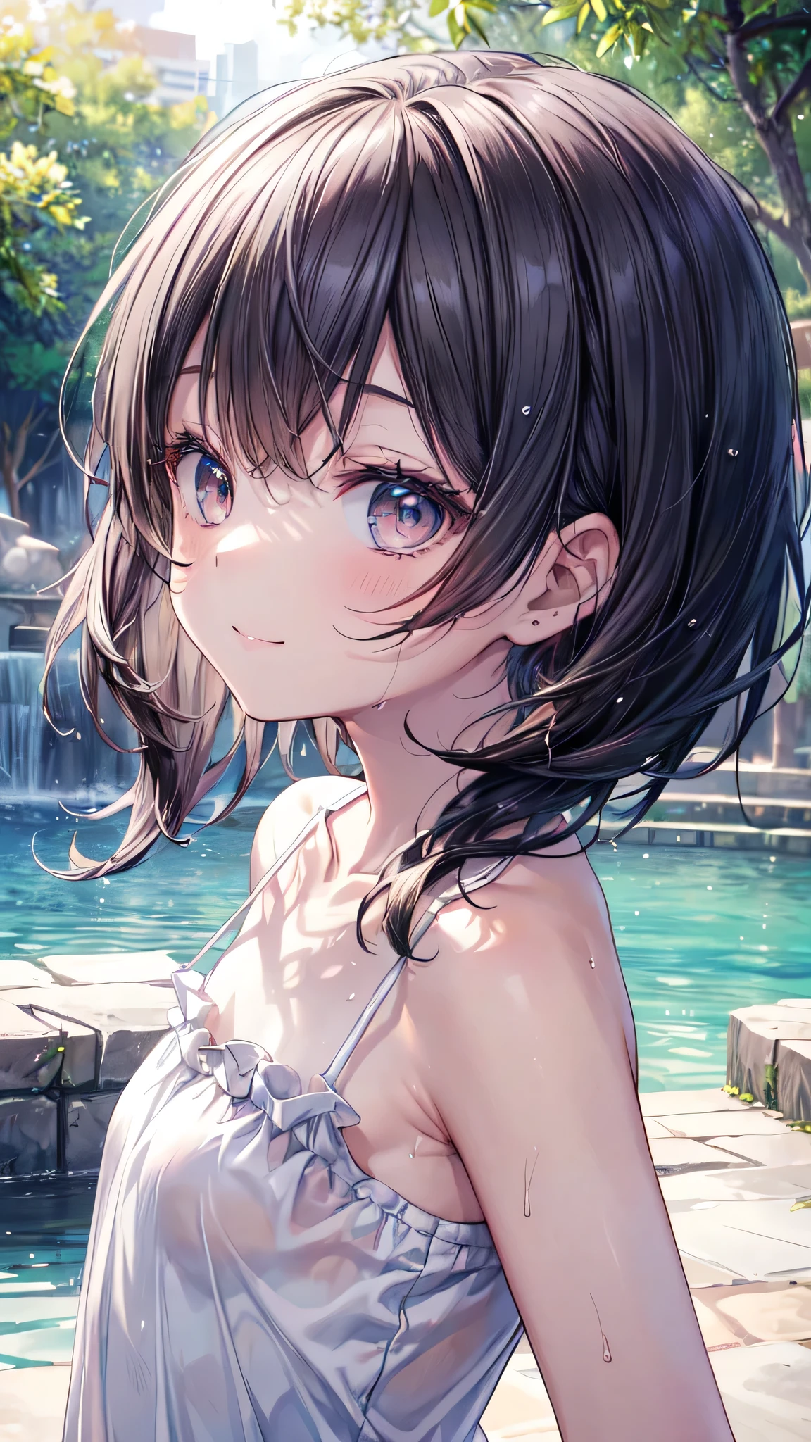 (Ultra-high resolution of the highest quality, masutepiece, Best Quality, 8K, Super Detail, Best Quality:1.3), (Anatomically correct:1.3), (1 ), (Child), (Loli), (inf, (Small body), (flat chest), (elementary school student), (blush face:1.6), short black wavy hair, (white camisole), in Park Fountain, funny smile, (wet:1.2), (beautiful hair, beautiful eyes, beautiful face) (face focus, human ear focus, clavicle focus, armpit focus), (face:1.6), from side