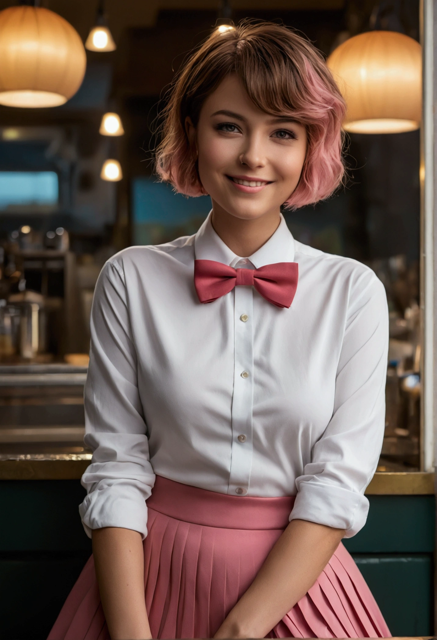 (8K, RAW photos, best quality, masterpiece:1.2), (Practical, photo-Practical:1.37), Extremely detailed,
1 girl,Lovely, Solitary,Beautiful and detailed sky,Detail of cafe,night,sit,Dating,(Red and swollen nose),(Smile:1.1),(Shut up),Large Breasts, seductive Smile, Big Apartment, Professional lighting, Sony A7R4, Jersey 50mm F1.8,
Medium breasts,Beautiful and delicate eyes,(Chestless shirt:1.1), bow tie,Pink pleated skirt,(short hair:1.2),Flowing hair 
