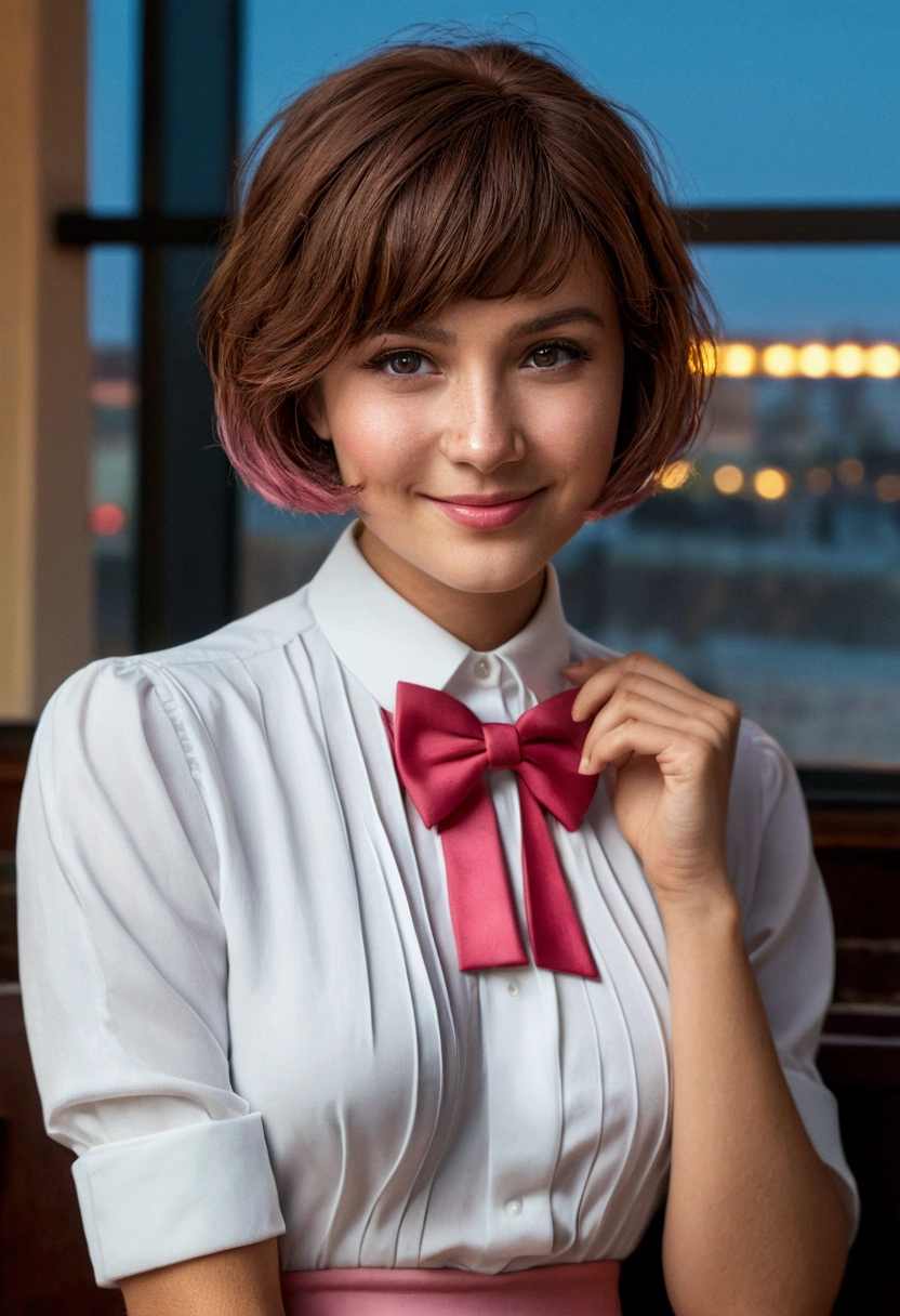 (8K, RAW photos, best quality, masterpiece:1.2), (Practical, photo-Practical:1.37), Extremely detailed,
1 girl,Lovely, Solitary,Beautiful and detailed sky,Detail of cafe,night,sit,Dating,(Red and swollen nose),(Smile:1.1),(Shut up),Large Breasts, seductive Smile, Big Apartment, Professional lighting, Sony A7R4, Jersey 50mm F1.8,
Medium breasts,Beautiful and delicate eyes,(Chestless shirt:1.1), bow tie,Pink pleated skirt,(short hair:1.2),Flowing hair 