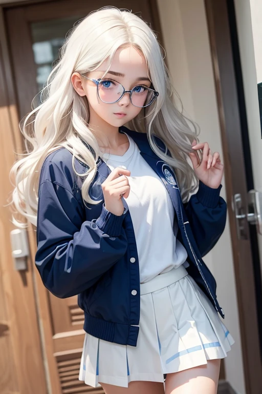 Teenager with wavy hair, white with blue eyes, attractive girl with glasses and at school