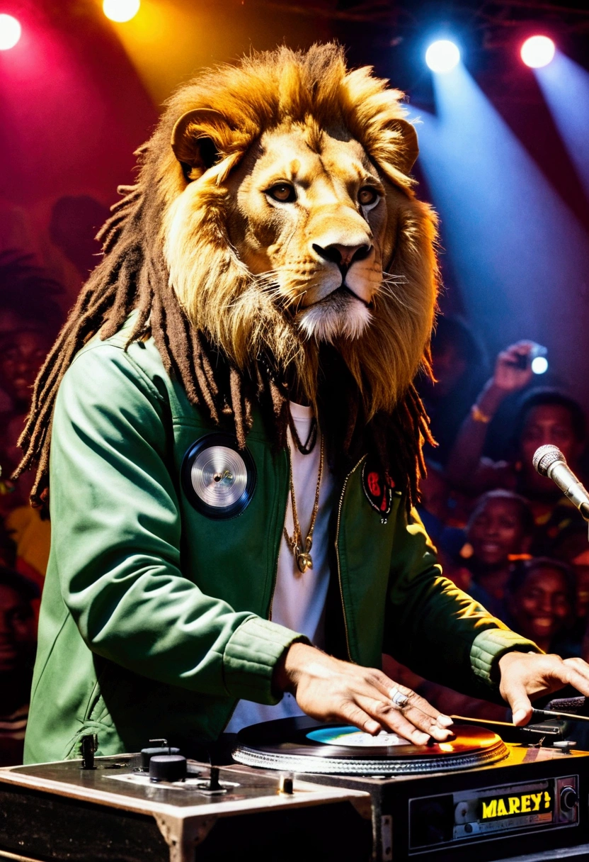 a lion DJ with a jacket, Jamaica with stamped name DiLi , on stage with record player, crowd, Leisure lights, Bob Marley ,EVENING CLUB