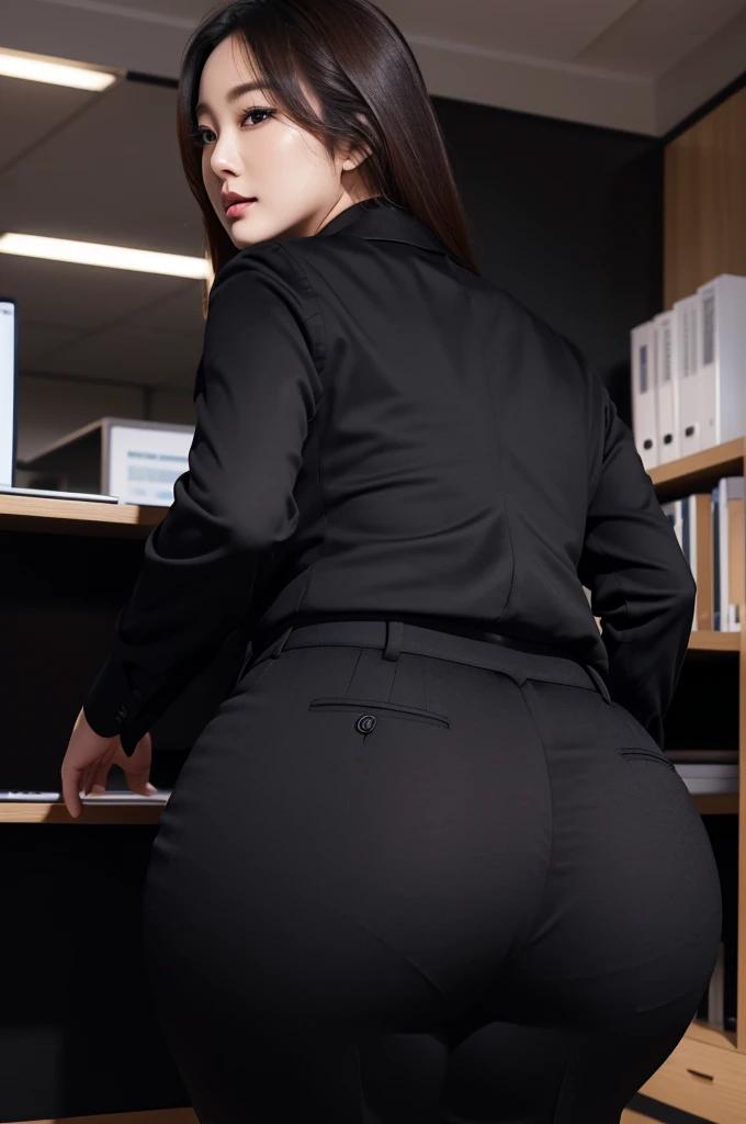 Super Beautiful Office Lady、(Plump ass)、Y shirt、Black suitpants、posterior view、(((ultra best quality, ​masterpiece))), (((ighly detailed)))