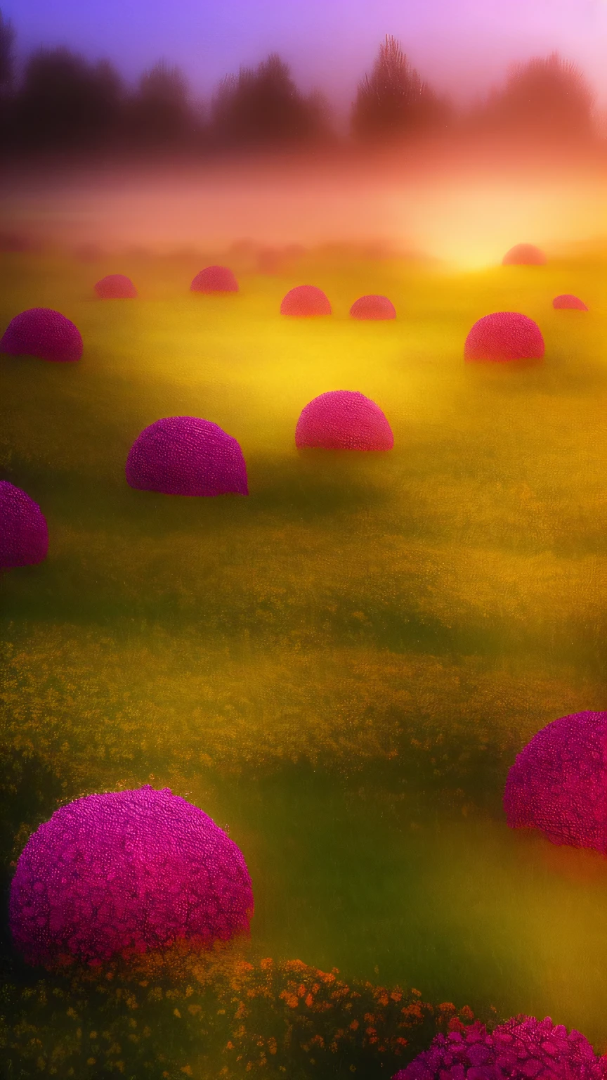 an image of an endless field of flowers with vibrant colors under a dreamy, twilight sky. Include some floating lanterns and a gentle fog to enhance the surreal feel.