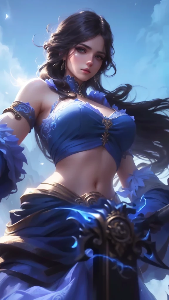 a close up of a woman in a beautiful blue dress, holding a glowing magical sword, intricate detailed face, piercing eyes, lush flowing hair, detailed ornate jewelry, dramatic lighting, fantasy, digital painting, highly detailed, cinematic, masterpiece, 8k, photorealistic