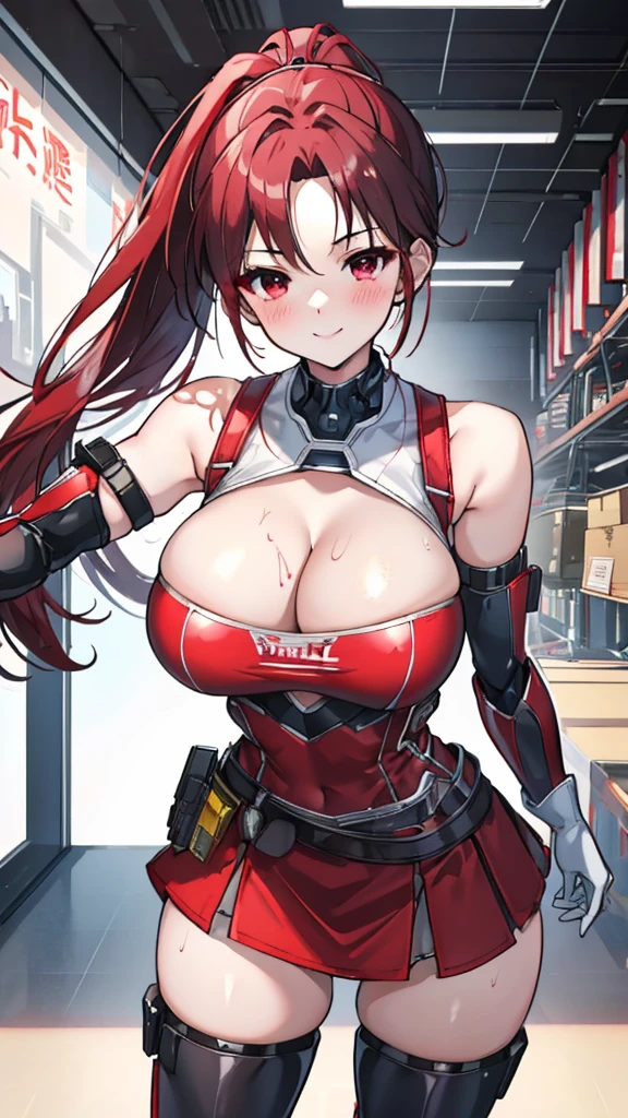 18 year old girl,baby face,dark red hair,Ponytail hairstyle,Zhangzui smile,Huge breasts,Cleavage,Transparent red sleeveless top,Leave space in the middle to reveal Cleavage,Soaked all over,blush,Red eyes,female spy,red miniskirt,White gloves,White hand sleeves,White boots,Science fiction,future,Inside the robot warehouse,robot driver,He has a pistol hanging from his waist,lipstick,Nipple showing,Metal belt around waist