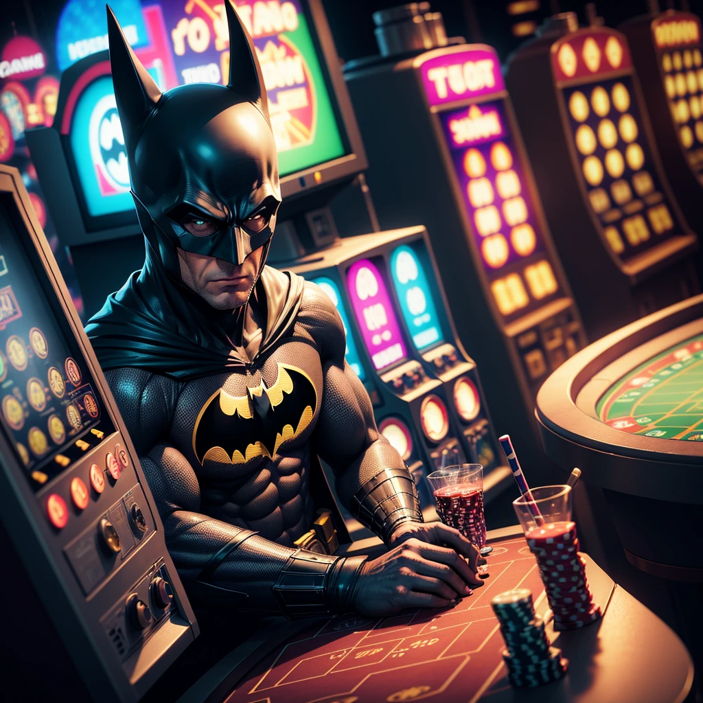 a batman is playing casino machine,casino background,colourful lighting,3d illustration,8k resolution