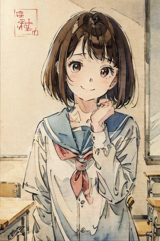 School classroom、Watercolor style、pale colour、Hand-drawn style, -yeld stschool girl、High 、Laughter、frontage、Upper body、Brown Hair、short hair、Upper body