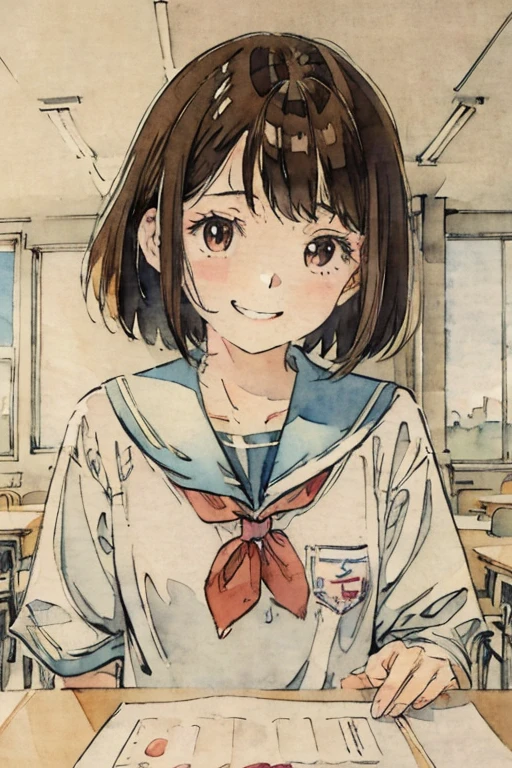 School classroom、Watercolor style、pale colour、Hand-drawn style, 15-year-old student、high school girl、High 、Laughter、frontage、Upper body、Brown Hair、short hair、Upper body