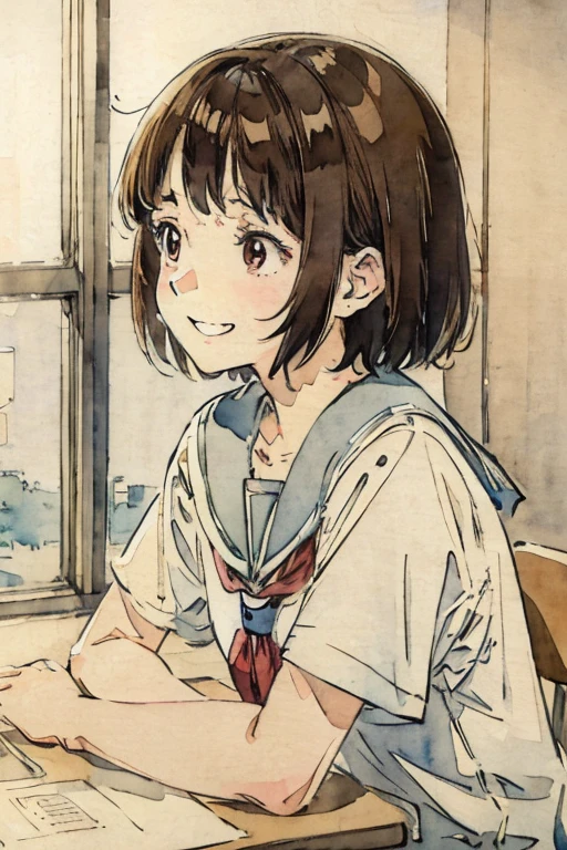 School classroom、Watercolor style、pale colour、Hand-drawn style, 15-year-old student、high school girl、High 、Laughter、frontage、Upper body、Brown Hair、short hair、Upper body