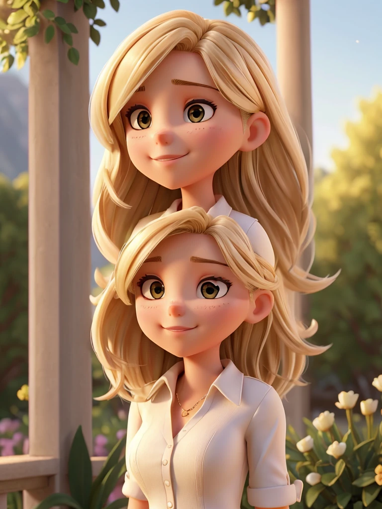 A 23-year-old blonde woman, ((pechos grandes)), ((hiperrealismo)) ,. blonde hair with light brown roots. cabello rubio, Hair with brown roots, cabello extra largo, cabello muy largo, really long hair, Beautiful, Front view, selfie, photo taken with iPhone, elegant black shirt with escote, escotada, selfie in the garden, high quality, selfie iPhone, cleavage