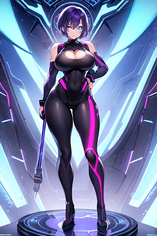 1girl, blue eyes, purple hair, very short hair, large breasts, hourglass figure, smile, bodysuit, black bodysuit, neon, neon trim, machinery, tech, science-fiction, futuristic, standing, full body, ((full body)), pantyhose, high heels