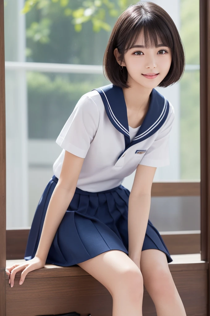 (Highest quality:1.4), (Very detailed:1.4), (Realistic Skin:1.4), (Beautiful Face:1.4), (Leaning forward:1.5), (Short sleeve uniform:1.3),Sailor suit, (sit:1.8), (), (Medium Bob Hair:1.3), (Putting on your shoes:1.5), smile, White skin, Great face, iris, High-end residential, (Skinny body type:1.2), (Flat Chest:1.3), window, (Entrance:1.4), Smooth, Very detailed CG 統合 8k 壁紙, High-resolution RAW color photos, Professional photography, Light, BackLight, dream-like, impressive, Written boundary depth, (Face close-up:1.2)