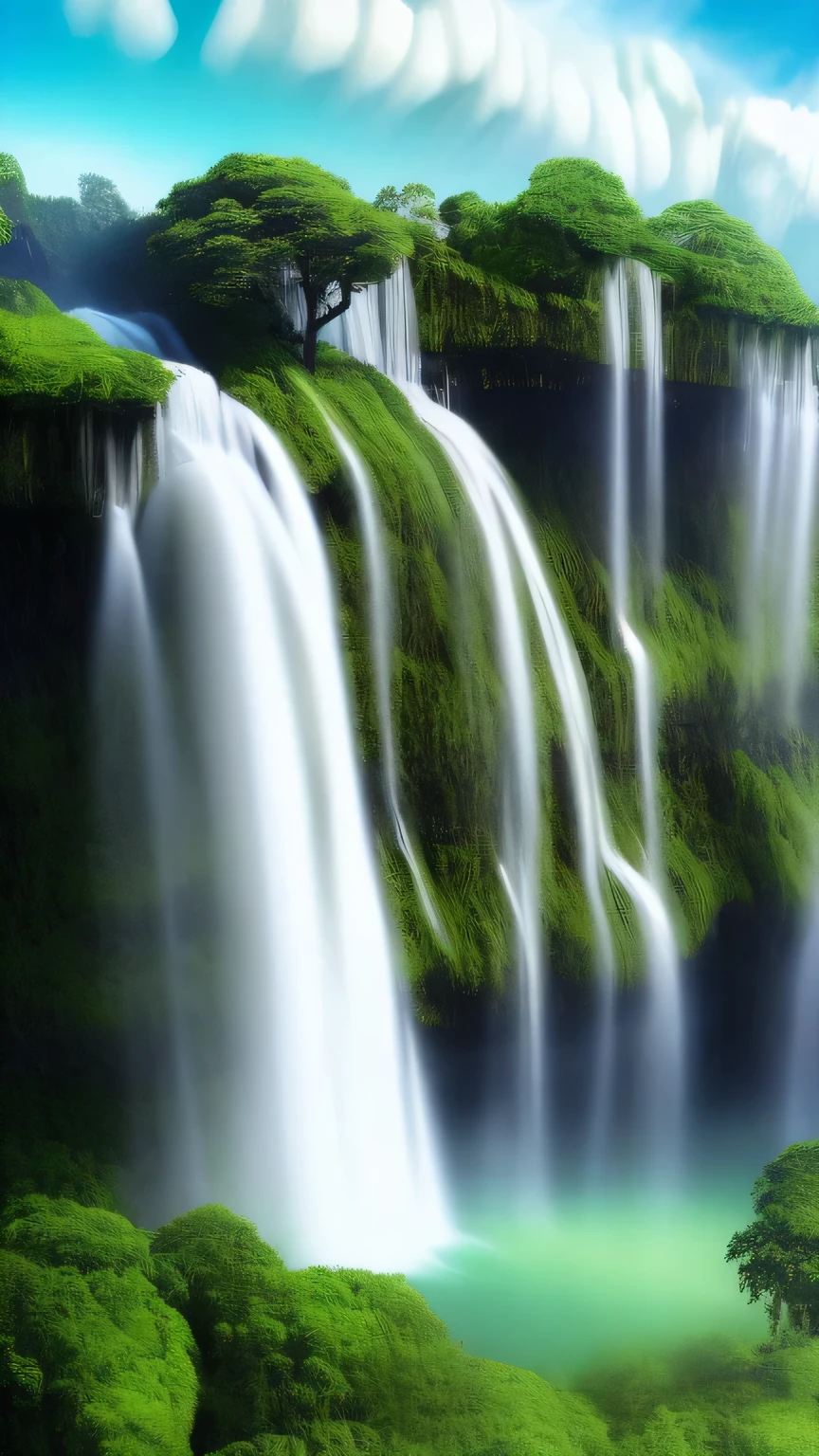 an image of a floating island in the sky, with lush greenery and waterfalls cascading off the edges. The background should be a gradient of pastel colors, evoking a sense of wonder and tranquility.