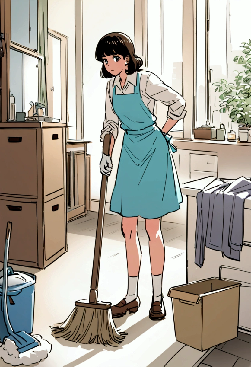 The broom is the main character、The dustpan is also a main character、Human-like、In 1978、New York, USA、、Cleaning scene、Cleaning box
