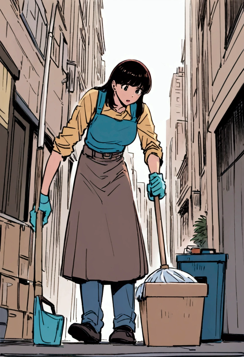 The broom is the main character、The dustpan is also a main character、Human-like、In 1978、New York, USA、、Cleaning scene、Cleaning box