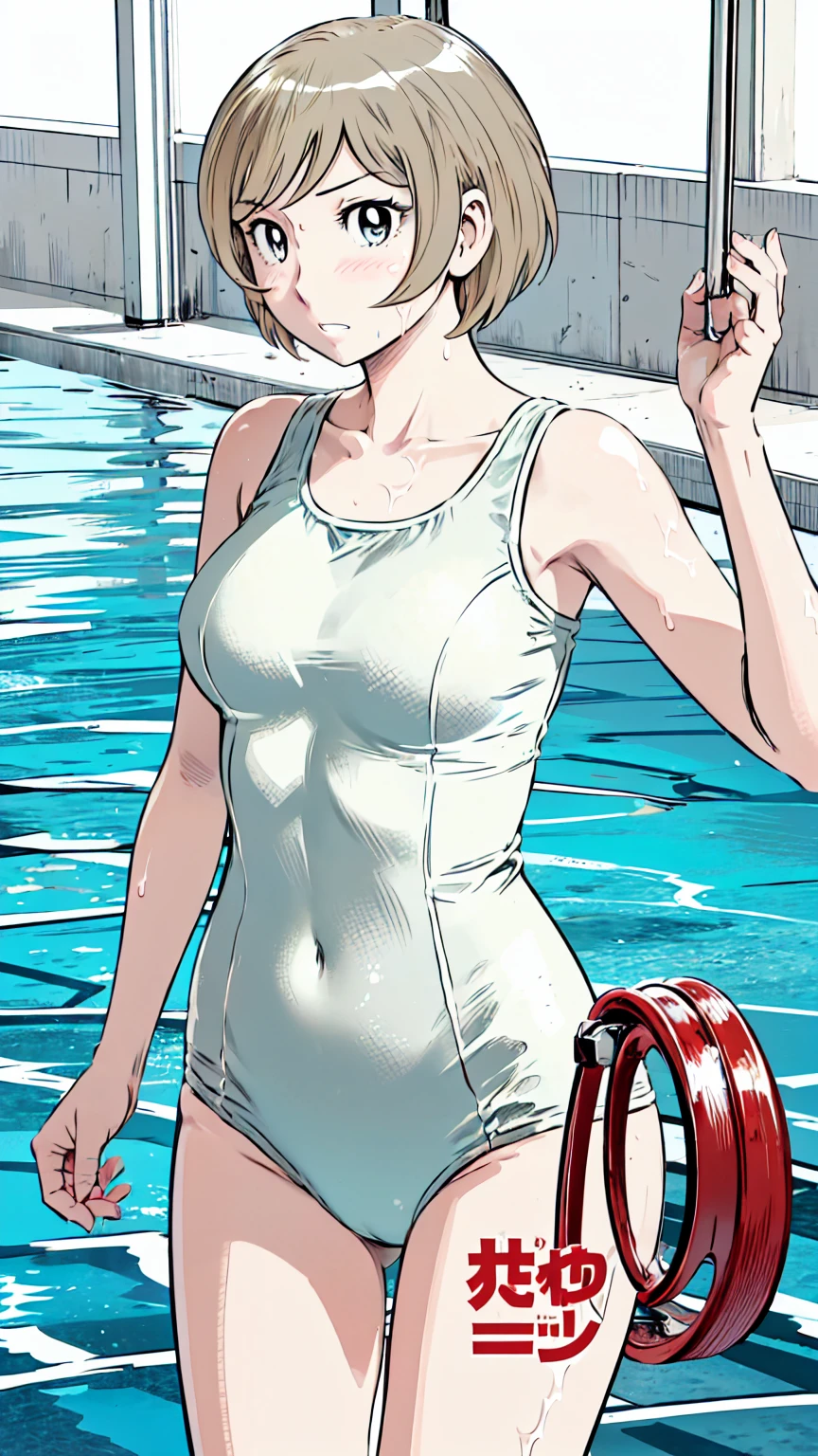 Blonde, (short hair:1.2)、((Illustration of a person))、Big Breasts、
View your viewers,, (Highest quality:1.3),Blue Eye Star Piece、Highest quality)、Highest quality, Ultra-high resolution, (((masterpiece))), alone, Sweat、Big eyes、Big Breasts、One Girl, Front view、Embarrassed face、Bronze colored hair、((short hair))、One Girl, alone, blush, Big Breasts,
Bare arms, Wet, Pool, 青いSchool Swimsuit, Thighs, Place your arms at your sides, Bare arms, Cowboy Shot, Are standing, School Swimsuit,bite、High Leg、mansuji