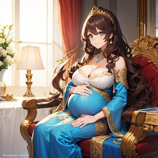 Beautiful pregnant queen, wavy brown hair, blue eyes, ornate light blue dress with white and gold details, cleavage 