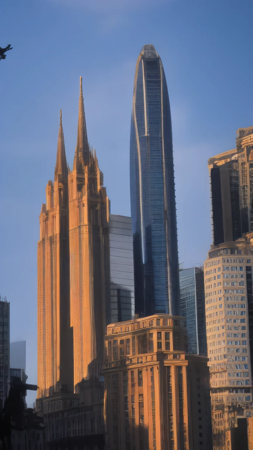 an image of a cityscape with towering buildings that have a whimsical, twisted architecture. The streets should be empty, and the sky filled with floating, glowing shapes.