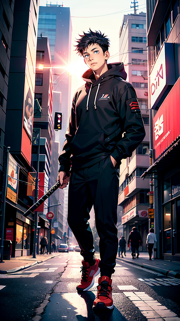 A handsome, dashing young man in the manga series "Jujutsu Kaisen" named, Ita Doti Yuji with his characteristic clothes, black hoodie, and red shoes, with HD, 4K anime photo resolution quality. with a backdrop of sparkling light, body-saving fantasy, and dynamic effects, urban atmosphere, cyberpunk,. AND STANDING IN THE MIDDLE OF THE CITY. while holding a katana.