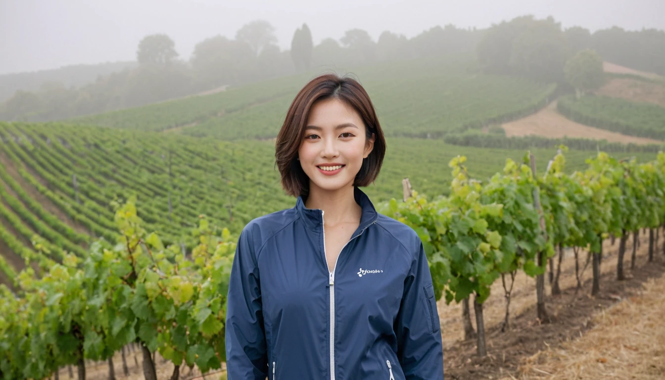 high quality, 1 woman, ((36-year-old healthy Korean woman)), ((36 years old)), 1 woman, eyes are big and beautiful. ((slim)), ((short medium hair)), Smile. pose: standing, windbreaker jacket, background: 1 woman, Vineyards in Piedmont, Italy, The cathedral can be seen in the distance through the early morning fog.. Full body shot with 16-34 wide angle lens, The cathedral can be seen through the foggy vineyards., looking up the side