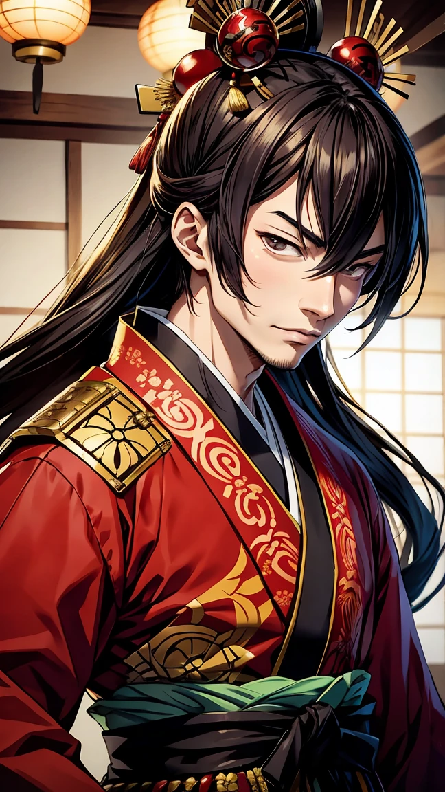 Removal, Blurry, Draw a young Oda Nobunaga in eccentric clothing from the Sengoku period. He should have a playful and rebellious expression, reflecting his nickname "Utsuke-mono" (fool). The attire should be colorful and unconventional.