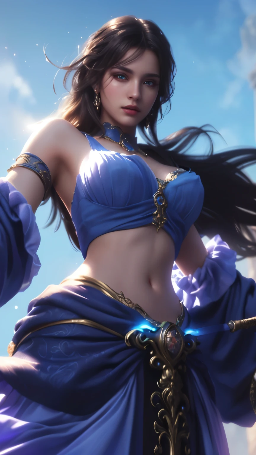 a close up of a woman in a beautiful blue dress, holding a glowing magical sword, intricate detailed face, piercing eyes, lush flowing hair, detailed ornate jewelry, dramatic lighting, fantasy, digital painting, highly detailed, cinematic, masterpiece, 8k, photorealistic