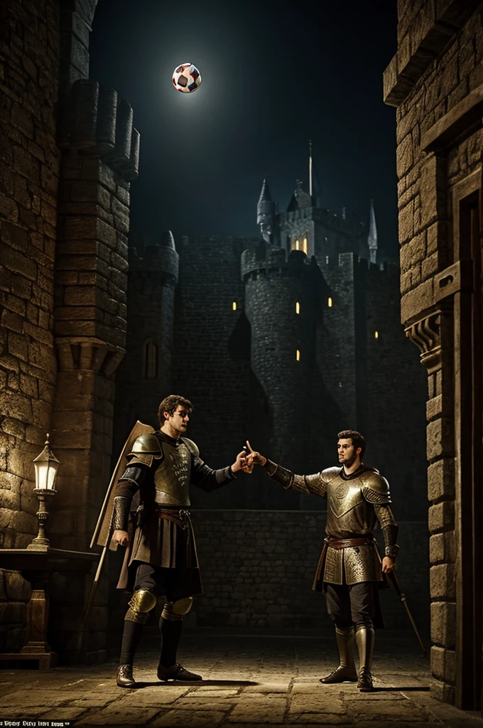 Dark fantasy realistic medieval style image of Iker Casillas stopping a penalty against Cristiano Ronaldo in the castle at night