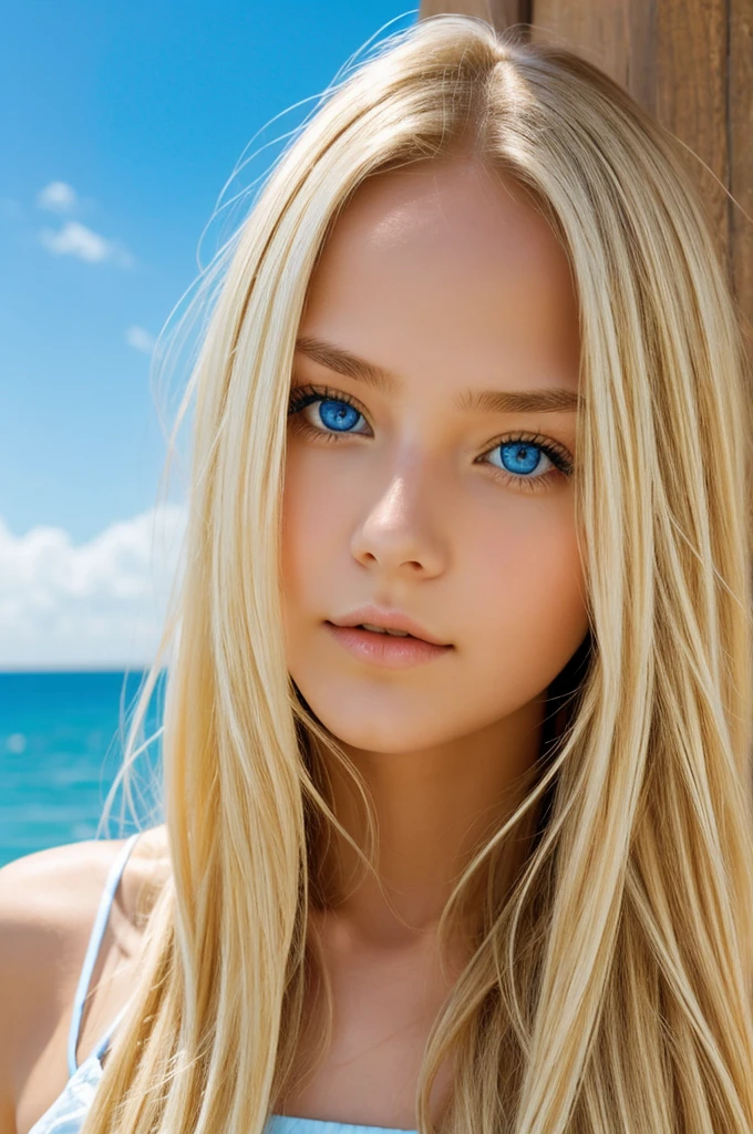 Long blonde hair girl, eyes between bright blue and sky blue, beautiful, with delicate features