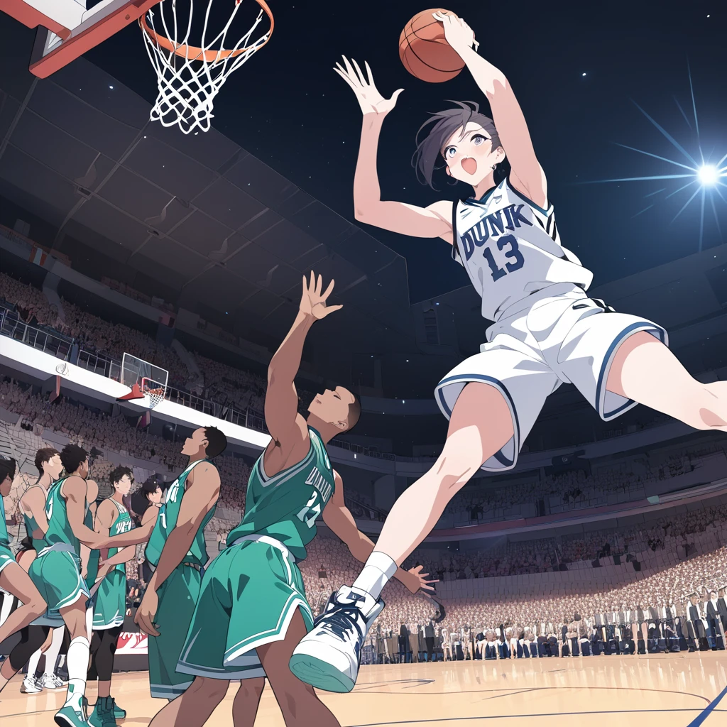 Masterpiece, ultra detailed, beautiful,Super Saturation, anime style, basketball, game winning dunk,Impressive moments,dunk shoot