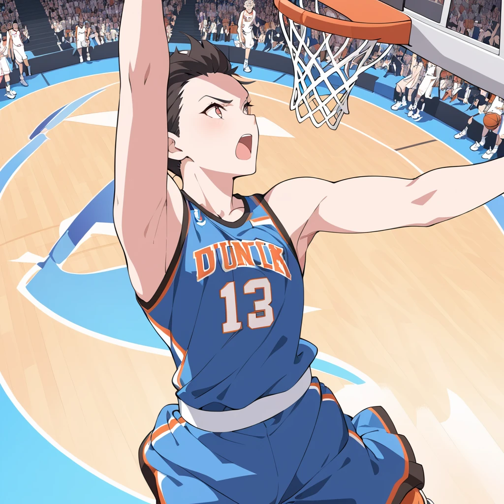 Masterpiece, ultra detailed, beautiful,Super Saturation, anime style, basketball, game winning dunk,Impressive moments,dunk shoot