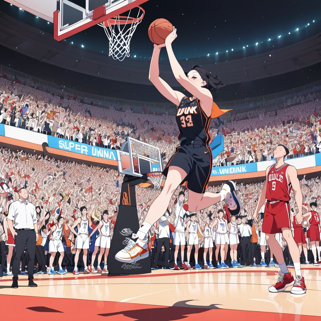 Masterpiece, ultra detailed, beautiful,Super Saturation, anime style, basketball, game winning dunk,Impressive moments,dunk shoot