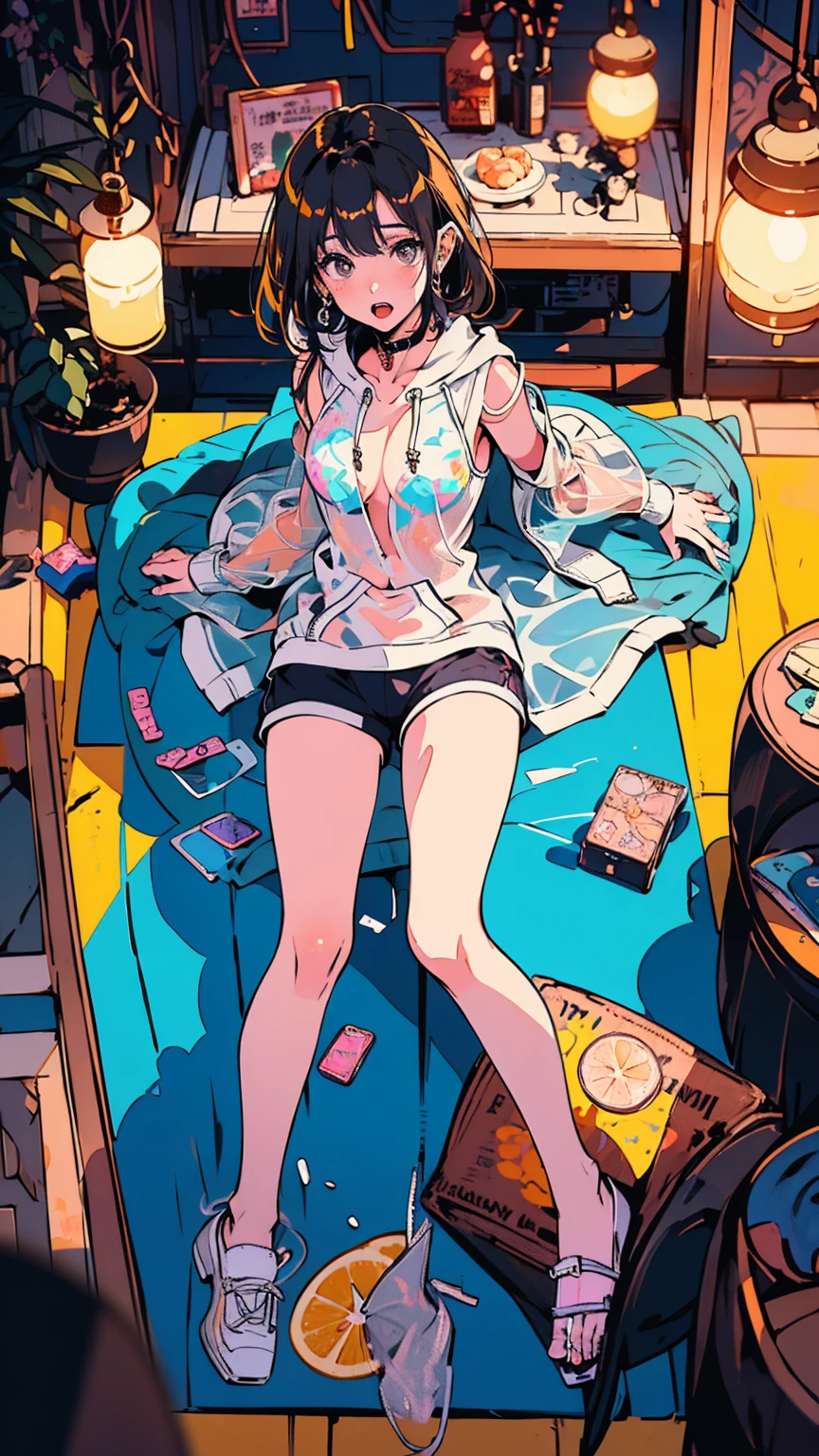 (masterpiece:1.2), Highest quality,Pixiv,Surprised girl,Portraiture,Tank top、(((((see-through hoodie)))))、、Immediately after intense sex、Ecstasy、((((Midsummer clothes、Full body portrait))))、Shorts、Pop Art、Used condoms、Rolled tissue paper