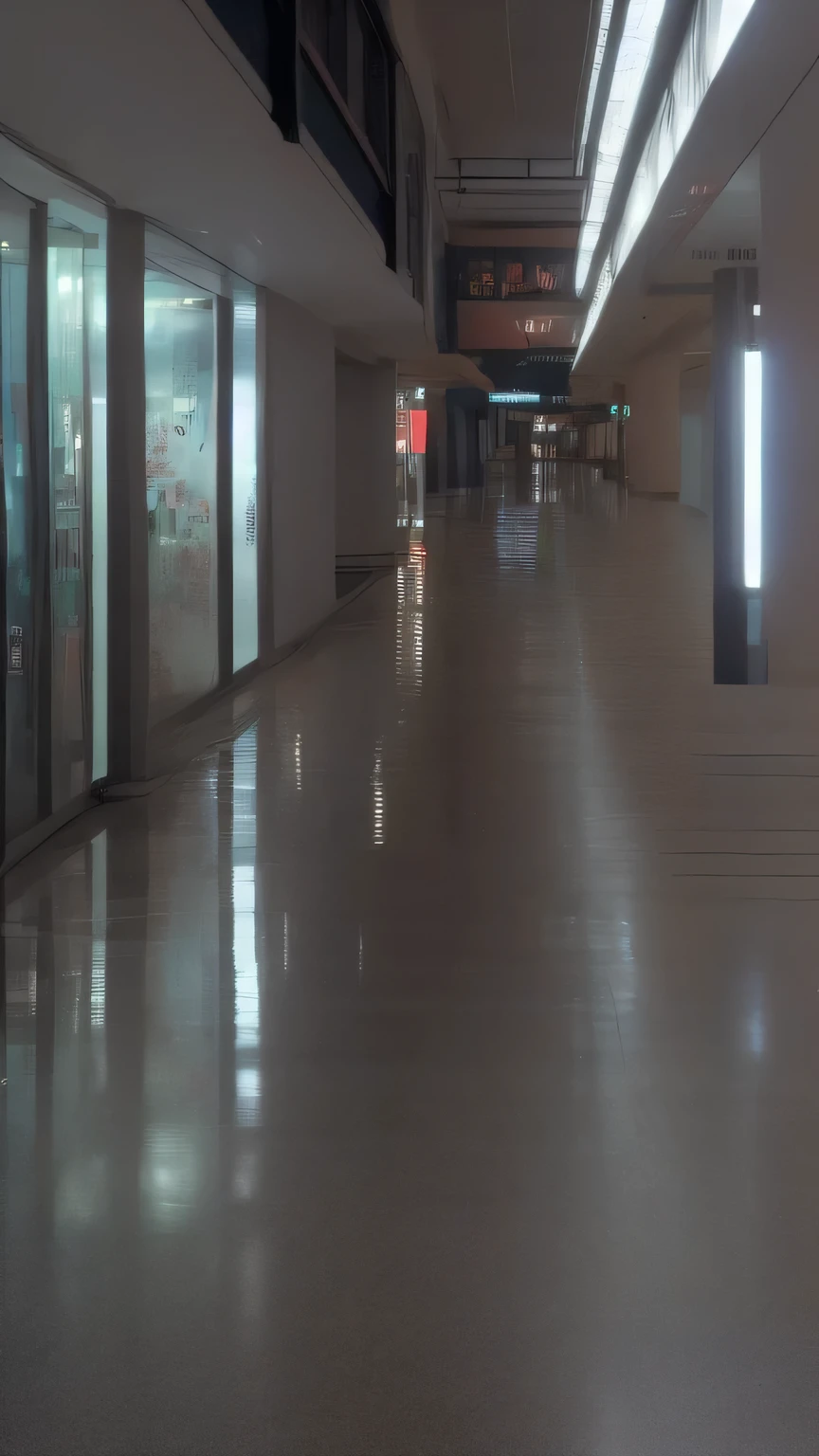 an image of an empty shopping mall at night. The stores are closed, and the only light comes from flickering neon signs, casting eerie shadows on the floor.