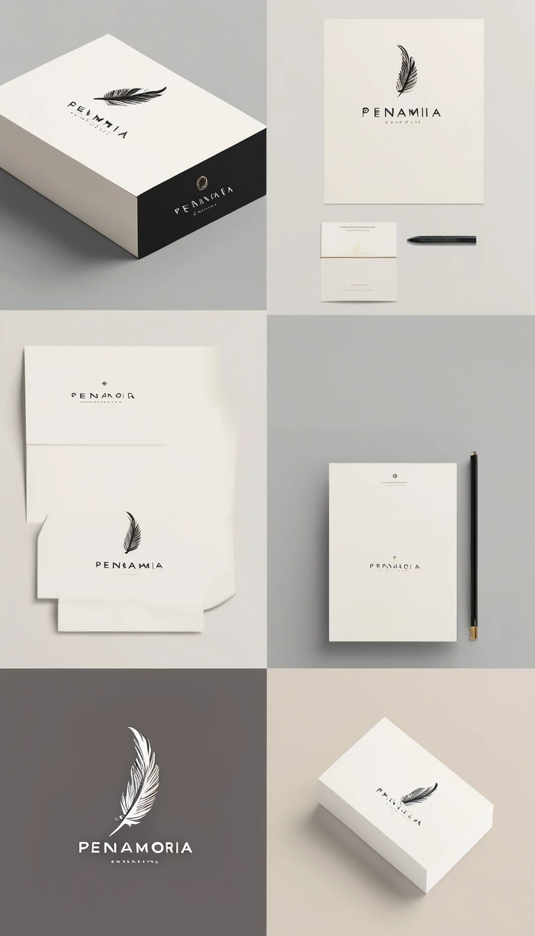 A minimal, modern, simple, cinematic logo design for the brand “Penamemoria". Create a modern, memorable, unique, minimalistic, high-quality,dreamy, fantastic, poetic, masterpiece logo design of a MEMORY FEATHER