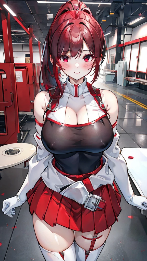 18 year old girl,baby face,dark red hair,Ponytail hairstyle,Zhangzui smile,Huge breasts,Cleavage,Transparent red sleeveless top,Leave space in the middle to reveal Cleavage,Soaked all over,blush,Red eyes,female spy,red miniskirt,White gloves,White hand sleeves,White boots,Science fiction,future,Inside the robot warehouse,robot driver,He has a pistol hanging from his waist,lipstick,Nipple showing,Metal belt around waist