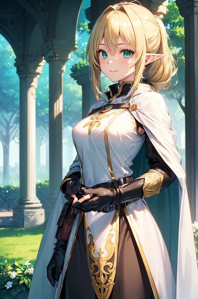 (((masterpiece; best quality: 1.2))), (finely detailed eyes: 1.3), (25 year old elf woman), (solo), (green eyes: 1.4), (body; buxom, fit, femenine: 1.3), (silky blonde hair in low ponytail: 1.3), (beautiful and clear background: 1.2), ((depth of field)), (equipment: adventurer attire + modest + long white tunic-coat + black cape + black longskirt + gloves + belt + pouches: 1.3), (anime illustration: 1.2), (background composition; royal garden: 1.1), (extremely fine and beautiful: 1.1), (shot composition; standing + centered on torso + close-up: 1.5), (expression; calm, smile: 1.2)