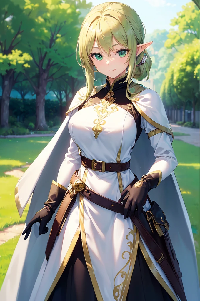 (((masterpiece; best quality: 1.2))), (finely detailed eyes: 1.3), (25 year old elf woman), (solo), (green eyes: 1.4), (body; buxom, fit, femenine: 1.3), (silky blonde hair in low ponytail: 1.3), (beautiful and clear background: 1.2), ((depth of field)), (equipment: adventurer attire + modest + long white tunic-coat + black cape + black longskirt + gloves + belt + pouches: 1.3), (anime illustration: 1.2), (background composition; royal garden: 1.1), (extremely fine and beautiful: 1.1), (shot composition; standing + centered on torso + close-up: 1.5), (expression; calm, smile: 1.2)