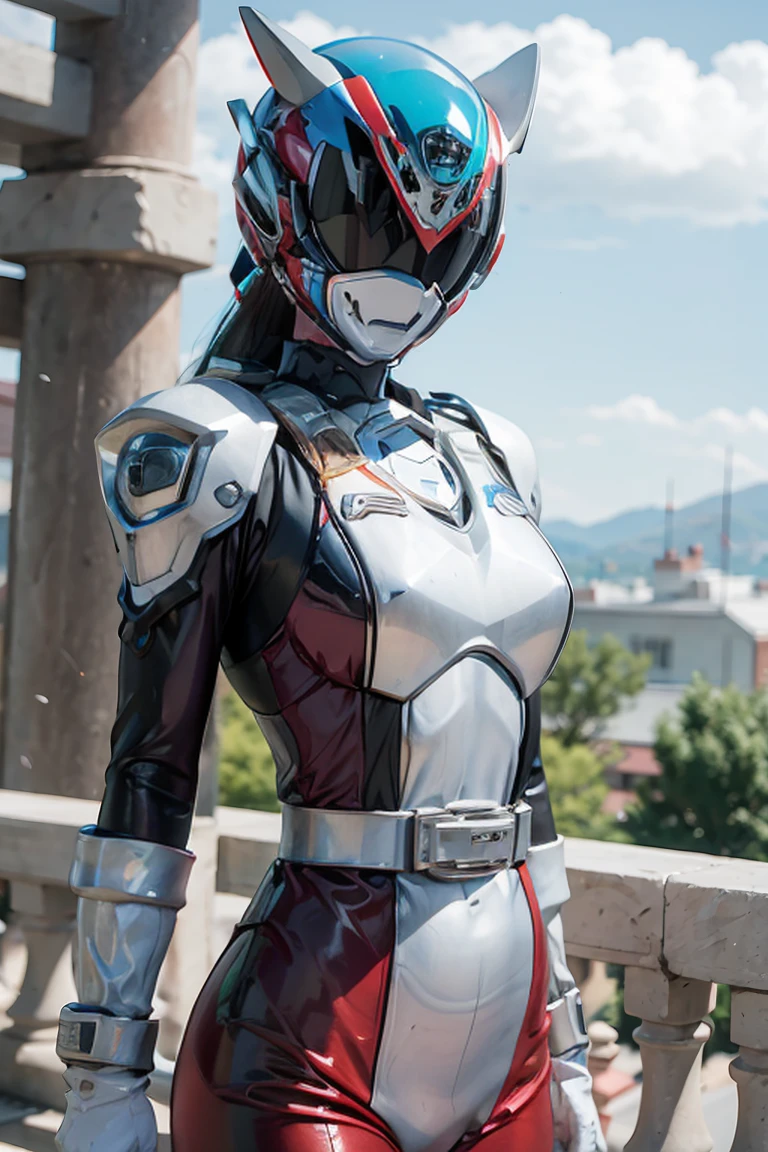 1girl, st. louis (azur lane), standing, upper body, dress, silver dress, (revealing clothes:1.3), scenery,, anirl, best quality, ultra high res,., power suit, powerranger, suit, spd, (Power ranger suit), gold detail, masked,