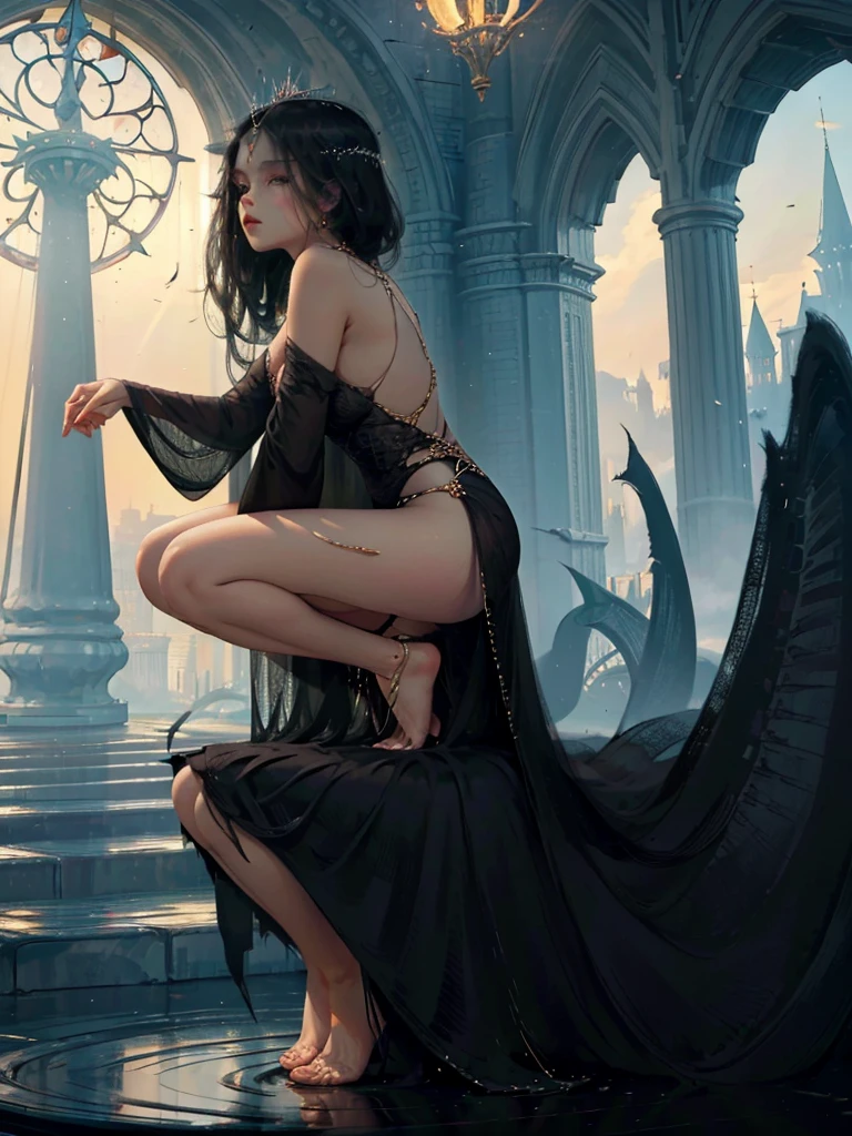 ((aeolian)), 1 girl, beautiful face, Princess, (wearing black dress), very long black hair, no underwear, slim body, long legs, shiny skin, fantasy castle landscape, bare feet, ((squatting)), spread legs, camera view from side