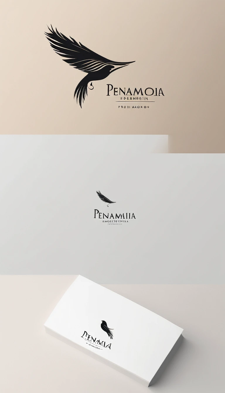 A minimal, modern, simple, cinematic logo design for the brand “Penamemoria". Create a modern, minimalistic, high-quality, logo of a feather-bird