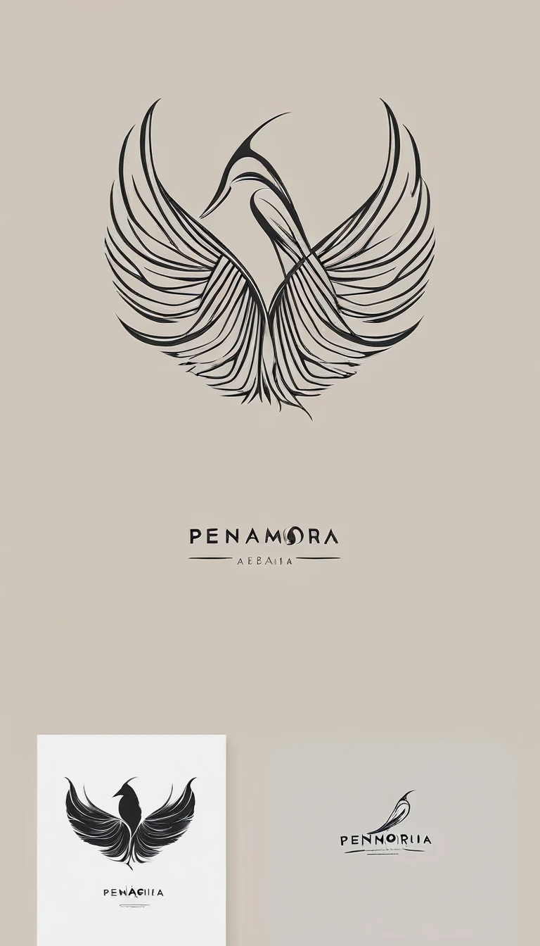 A minimal, modern, simple, cinematic logo design for the brand “Penamemoria". Create a modern, minimalistic, high-quality, logo of a feather-bird