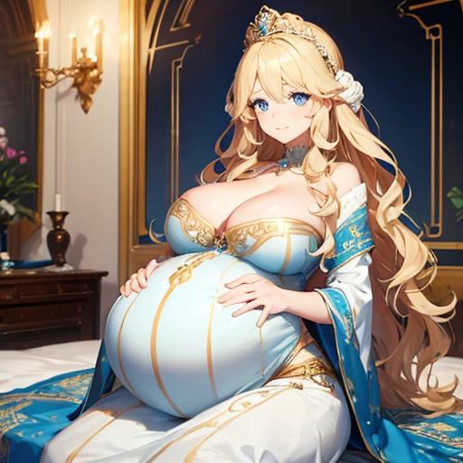 Beautiful pregnant queen, wavy blonde hair, blue eyes, ornate light blue and white, cleavage